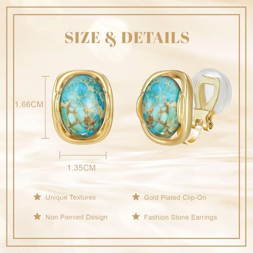 YOQUCOL Natural Stone Trendy Clip On Stud Earrings for Women Gold Plated Non Pierced Statement Earrings Fashion Jewelry - color: Oval-Blue