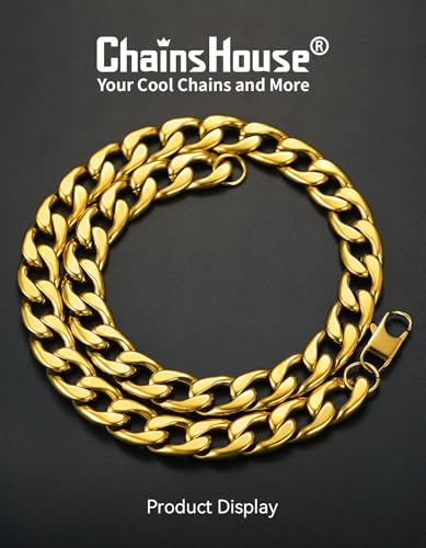 ChainsHouse Cuban Link Chain Necklace Men Women, 5/9/12/15mm Width, Stainless Steel/14K Gold Plated Cuban Necklace, 14"-30" Length, with Gift Box - color: L: Cuban-15mm-gold, size: 22.0 Inches