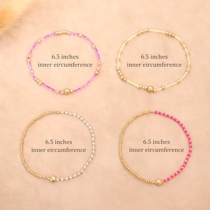 Gold Beaded Stackable Friendship Bracelets Set for Women, Handmade Boho Stretch Summer Jewelry Gift. - color: gold pink fuchsia white yellow