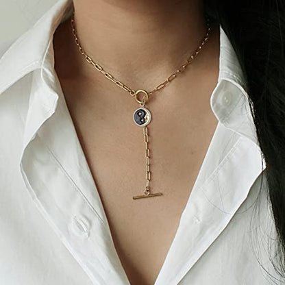 DoreenBeads 18K Gold Sun Moon Star Compass Pendant Necklace | Chunky Toggle Paperclip Chain Necklace with Heart Daisy Bee Charms for Women Girls 20 Inches - color: Man in the Moon