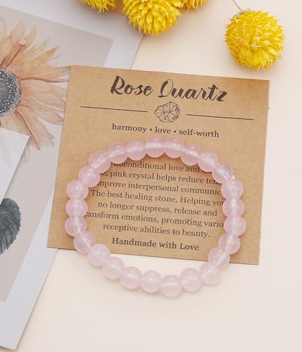 BOMAIL Natural Stone Beaded Bracelet for Women Men | 8mm Round Beads,Healing Crystal,Semi-Precious Gemstone,Yoga,Stretch,Bracelets Jewelry Gift - color: Rose Quartz