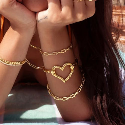 Moodear Chunky Gold Bangle Bracelets for Women, 14K Gold Plated/Silver Cuff | Chunky Statement Jewelry with Hammered Texture, Non Tarnish Gold Plated Finish, Unique Cuff Design, Lightweight Comfort - style: Heart Bangle Gold 18.5cm （≈7IN）
