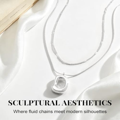 14K Gold/Silver Plated Dainty Snake Chain Layered Necklace for Women | Irregular Oval Pendant Minimalist Dainty Statement Gold Layering Everyday Jewelry - color: Silver - Cool