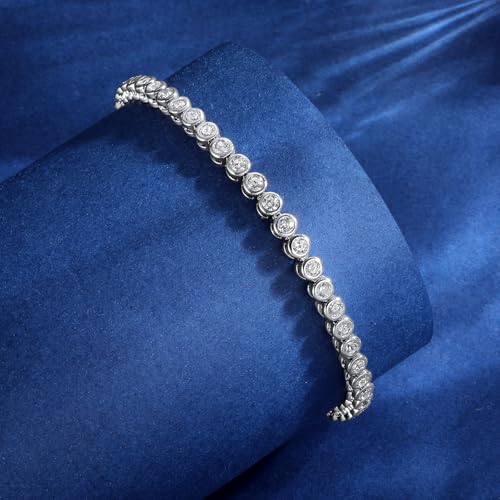 Tennis Bracelet for Women, White Gold Plated with Bezel Clear 3mm Round Cut Cubic Zirconias - size: 6.5 inch