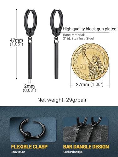 PROSTEEL Stainless Steel Huggie Hoop Earrings for Mens Gold/Black/Silver | Skull/Infinity Pattern, Spike/Cuban Links 4 Design Options Hypoallergenic Lightweight Earring Hip Hop Punk Gothic Jewelry - style: 08-Straight Dangle-Black