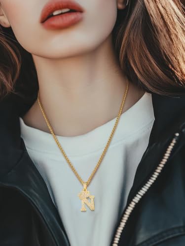 U7 Crown Initial Necklace Men Women, Bling Diamond A-Z 0-9 Letter Pendant with Wheat Chain, Silver/Black/Gold Plated CZ Alphabet Number Hip Hop Jersery for Father Husband - color: a. Gold, size: 14. N