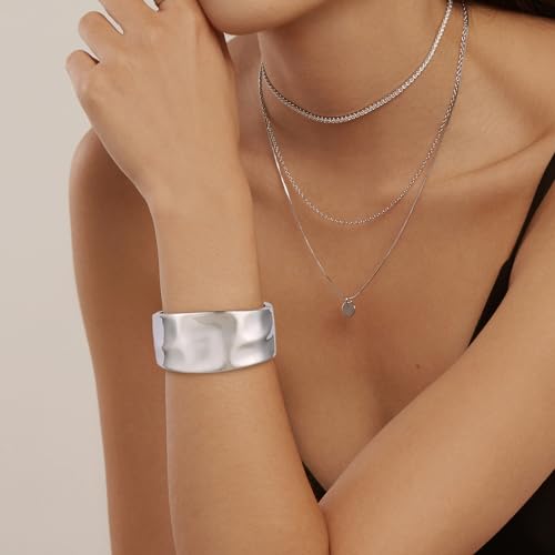 HZMAN Chunky Gold Cuff Bracelets for Women Thick Wide Bangle Bracelet Hammered Open Hinge Wrist Cuff Bracelet Jewelry Gift - color: 01.Hammered Silver