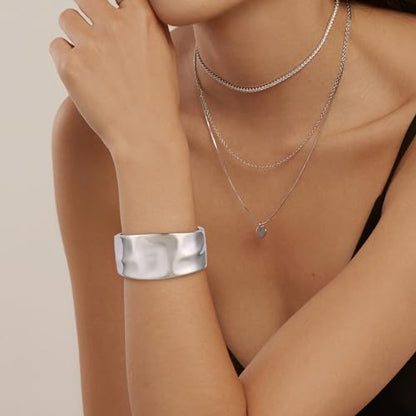 HZMAN Chunky Gold Cuff Bracelets for Women Thick Wide Bangle Bracelet Hammered Open Hinge Wrist Cuff Bracelet Jewelry Gift - color: 01.Hammered Silver