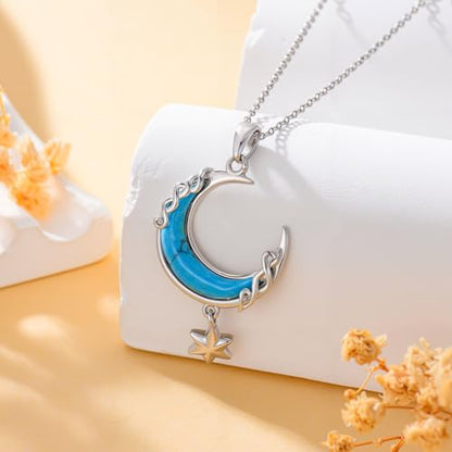 925 Sterling Silver Turquoise Moon Pendant Necklace for Women, Snake/Flower/Bow/Tree of Life/Star Moon Necklace, Dainty Jewelry for Daily Wear & Gifts - style: Style 7