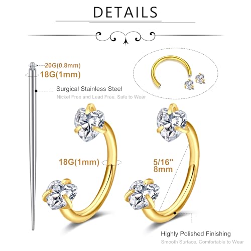 MODRSA Silver Gold Horseshoe Nose Ring 18g Double Gem Horse Shoe Nose Ring Hoop for Women Surgical Steel Half Hoop U Shape Tragus Earring Hoops Labret Lip Helix Piercing Jewelry Septum Rings 18 Gauge - color: D2- 18g Heart zircon -gold 2pcs