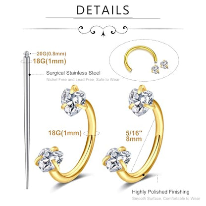 MODRSA Silver Gold Horseshoe Nose Ring 18g Double Gem Horse Shoe Nose Ring Hoop for Women Surgical Steel Half Hoop U Shape Tragus Earring Hoops Labret Lip Helix Piercing Jewelry Septum Rings 18 Gauge - color: D2- 18g Heart zircon -gold 2pcs