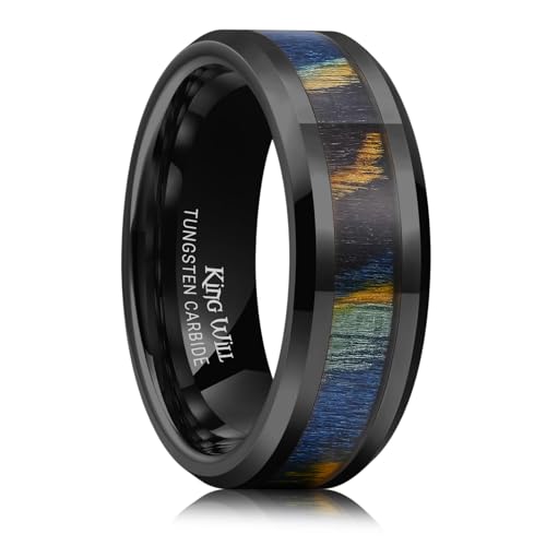 King Will Tungsten Wedding Band Wood Inlay for Men Black Beveled Edge | Black, 8mm, Beveled Edge, Comfort Fit, Wood inlay, Promise Gift - color: Colorful Wood Chips-Black