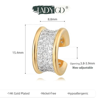 Sparkle Ear Cuff for Women, Non Piercing Single | 14K Gold Plated Brass, Clear Cubic Zirconia Accents, Fixed 3.8-3.9 mm Opening, Single Non-Piercing Cuff For Ear Stacks - style: Classic Sparkle