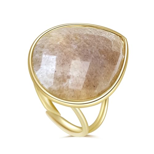 Crystal Ring for Women, Natural Rose Quartz Green Fluorite Ring for Her, Teardrop Shape Gemstone Ring, Handmade rose quartz Jewelry Adjustable Ring. - color: Sunstone