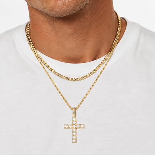 Fiusem Layered Cross Necklace for Men, Stainless Steel Cuban and Rope Chain | Silver Tone/14K Gold Plated Mens Necklace Chain with Cubic Zirconia Cross Pendant - color: Gold, size: 20/22 inches