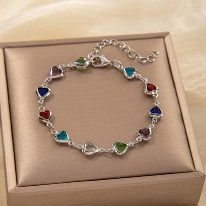 Silver Plated Colorful Heart Charm Bracelet For Women Adjustable Chain Bracelet Multi-Color Cubic Hearts Bracelets Trendy Charm Jewelry For Friend Valentine’S Day Birthday Festival Gifts