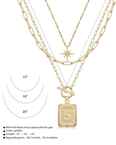 MJartoria Layered Initial Necklaces for Women | 14K Gold Plated Brass, Star Choker, Square Letter Pendant, Paperclip Chain - color: Gold, style: S