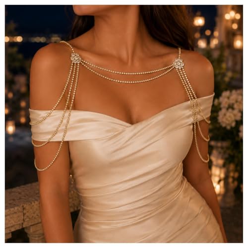 Rhinestone Tassel Wedding Backdrop Chain - Crystal Flower Shoulder Chain Necklace - Bridal Multi-Layered Body Chain Jewelry for Women - color: Gold