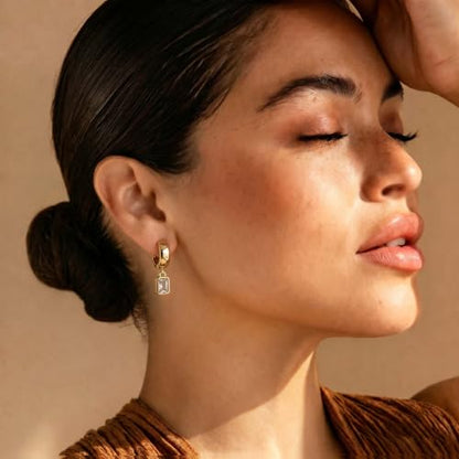 Gold Chunky Dangle Earrings for Women, Bezel Set Cubic Zirconia Charm | 14K Gold Silver Plated, Statement Huggie Hoops Drop Earrings, Trendy Jewelry Gifts, High Grade CZ, Hypoallergenic Lightweight - color: GD-Rectangular CZ Hoop