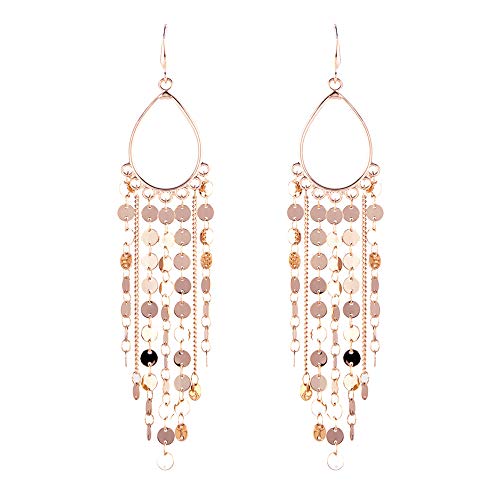 Bohemian Boho Tassel Dangle Drop Earrings for Women – Lightweight Filigree Gypsy Coin Chandelier Disc Charm Hoops – included Gift Box - style: Teardrop - Rose Gold