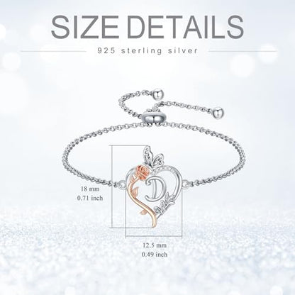 TOUPOP Gifts for Women Rose Heart Initial Bracelet 925 Sterling Silver Butterfly Letter Link Bracelet Love Jewelry Anniversary Birthday Gifts for Wife Girlfriend Mom Her - style: Initial D