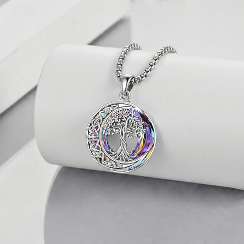 Tree of Life Necklaces S925 Sterling Silver Crystal Tree of Life Pendant Necklace Celtic Knot Moon Tree of Life Jewelry for Women Gifts - color: Volcano Crystal