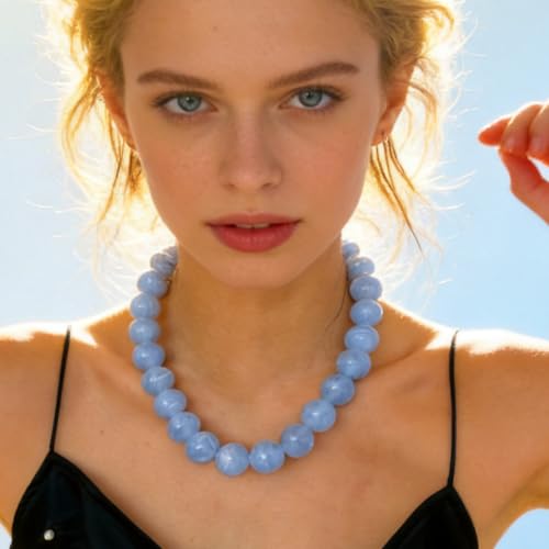 JNF Chunky Beaded Necklaces Women Large Big Ball Bead Choker Necklace Bold Statement Beads jewelry Gift - color: gemstone neckalce sea blue