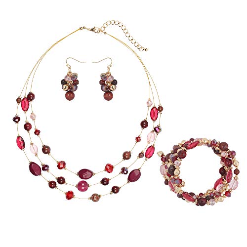 Coiris 3 Layers Illusion Wire Beaded Statement 19.5" Necklace for Women - color: ST0001-wine