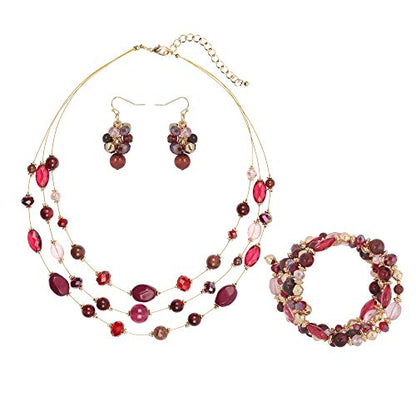 Coiris 3 Layers Illusion Wire Beaded Statement 19.5" Necklace for Women - color: ST0001-wine