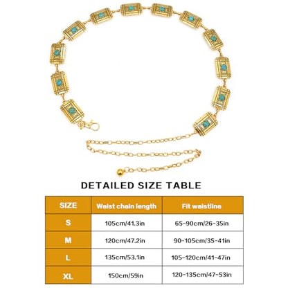 Waist Chain Belts Women Girls Metal Belly Link | Adjustable Waist Belt for Jeans and Dress - color: Gold Turquoise Square, size: M: 47.2 in