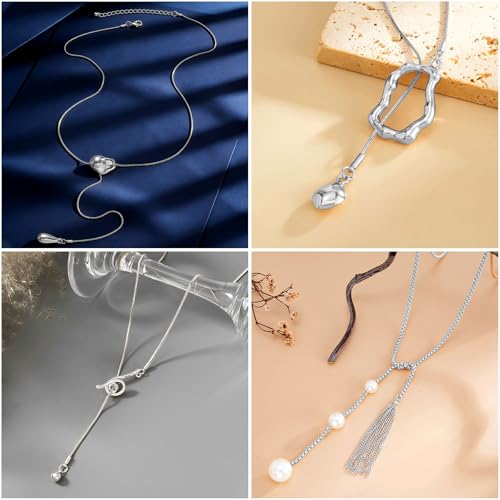 CHICUTIE Long Y Gold Necklace for Women, 14k Gold Plated Lariat Y-Shaped Chunky Pendant Necklaces Trendy Dainty Drop Necklaces Jewelry for Women Gifts - color: Silver