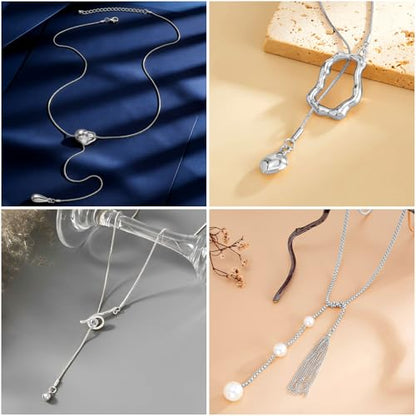 CHICUTIE Long Y Gold Necklace for Women, 14k Gold Plated Lariat Y-Shaped Chunky Pendant Necklaces Trendy Dainty Drop Necklaces Jewelry for Women Gifts - color: Silver