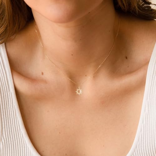Dainty Gold Necklace: 14k Gold Plated Dianty Boots Bow Sun Moon Horse Evil Eye Conch Seahorse Necklace for Women 16.5"+2" - color: Sun Moon Pendant