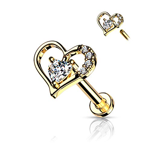 16GA Paved Heart Contour Heart CZ Solitaire Internally Threaded 316L Surgical Steel Flat Back Studs for Labret, Monroe, Cartilage and More - style: Gold, 16GA, L.5/16" (8mm)