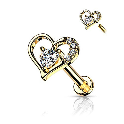 16GA Paved Heart Contour Heart CZ Solitaire Internally Threaded 316L Surgical Steel Flat Back Studs for Labret, Monroe, Cartilage and More - style: Gold, 16GA, L.1/4" (6mm)