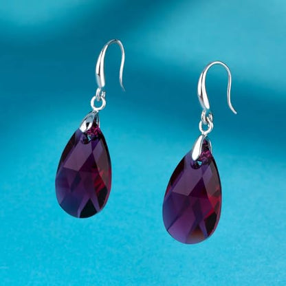 Austrian Crystal Teardrop Dangle Hook Earrings for Women 14K Gold Plated Hypoallergenic Jewelry - color: Fuchsia