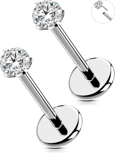 OUFER 2PCS Nose Piercings, G23 Solid Titanium Threadless Nose Rings 20G, Clear Tiny CZ Nose Stud Flat Back Nose Nostril Piercing Jewelry for Women Men - size: 2mm CZ_20g 8mm