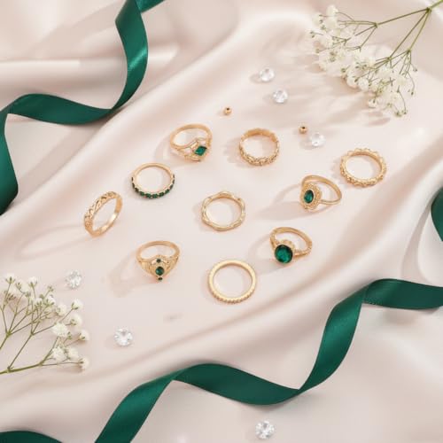 Chunky Gold Rings for Women Non Tarnish, Baroque Pearl Flower Tiger's Eye Stone Rings Adjustable Stacking Statement Rings Set Fashion Jewelry Gifts - style: All Green Set