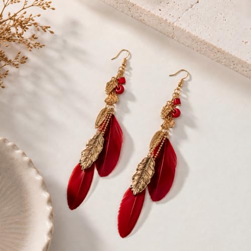 FRESHME Native American Earrings for Women - Ethnic Boho Feather Dangle Jewelry with Tessel for Birthday Party Photoshoot - color: Red