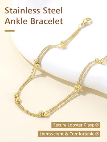 FindChic Ankle Bracelets for Women, Silver/Black/Gold Plated Layered Stainless Steel Anklets, Non-Tarnish Adjustable Waterproof Trendy Foot Jewelry for Beach Summer - style: Layered Ball Chain-Gold