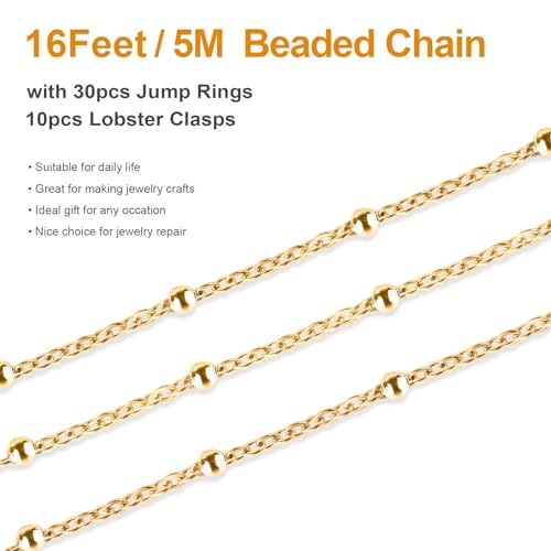 Kyutong Necklace Chains for Jewelry Making Beaded Chain Roll | 16.4 Feet Gold Plated Stainless Steel Jewelry Chains Bulk with Lobster Clasps Jump Rings for Bracelet Ankle Making - color: Gold-6