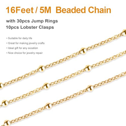 Kyutong Necklace Chains for Jewelry Making Beaded Chain Roll | 16.4 Feet Gold Plated Stainless Steel Jewelry Chains Bulk with Lobster Clasps Jump Rings for Bracelet Ankle Making - color: Gold-6
