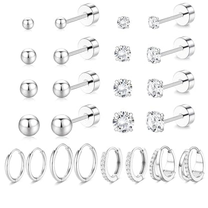 Stainless Steel Stud Earrings Set for Women Hypoallergenic Flat Back Cartilage Earrings Screw Back Huggie Hoop Earrings Multiple Piercing Cubic Zirconia Helix Tragus Jewelry - color: Set-C-Silver