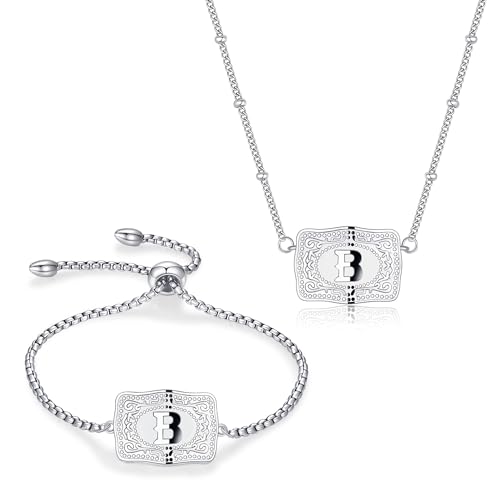 2 Pcs Belt Buckle Initial Necklace Bracelet Jewelry Set for Women, 18K Gold/Silver Plated Belt Buckle Initial A-Z Necklace Bracelet Set Unique Western Style Jewelry Gifts - style: B
