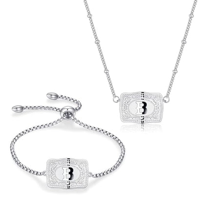 2 Pcs Belt Buckle Initial Necklace Bracelet Jewelry Set for Women, 18K Gold/Silver Plated Belt Buckle Initial A-Z Necklace Bracelet Set Unique Western Style Jewelry Gifts - style: B