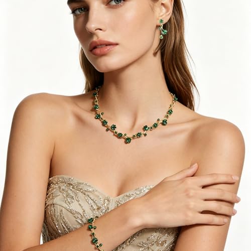 Elegant Brides Austrian Crystal Flower Choker Necklace Drop Dangle Earring Bracelet Wedding Jewelry Set for Bridesmaid Prom Costume Jewelry Set for Women - color: Emerald-Gold Plated
