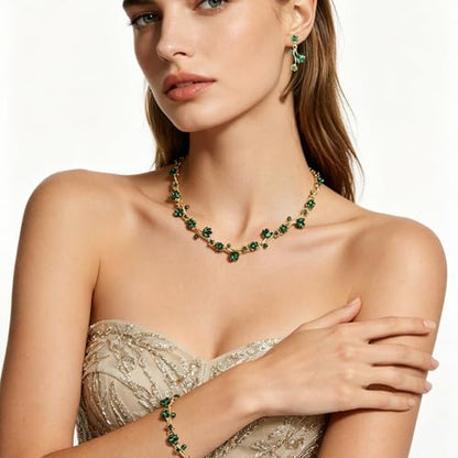 Elegant Brides Austrian Crystal Flower Choker Necklace Drop Dangle Earring Bracelet Wedding Jewelry Set for Bridesmaid Prom Costume Jewelry Set for Women - color: Emerald-Gold Plated