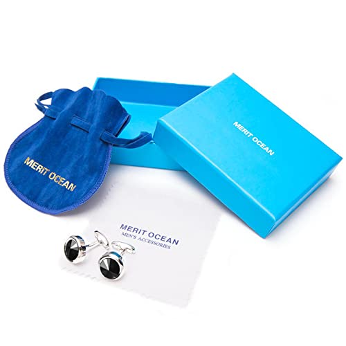Mens Cufflinks Elegant Style Cuff Link Super Shiny Navy Blue Crystal Circular Cufflinks with Gift Box - color: Black