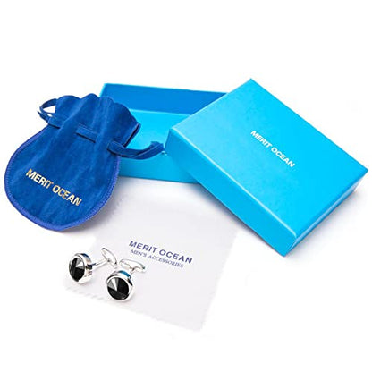 Mens Cufflinks Elegant Style Cuff Link Super Shiny Navy Blue Crystal Circular Cufflinks with Gift Box - color: Black
