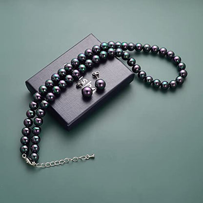 8mm 10mm Faux Pearl Necklace Earrings Set for Women White Black Round Glass Pearl Wedding Jewelry Gifts - color: Black Pearl-Ear Stud Set, size: 8mm